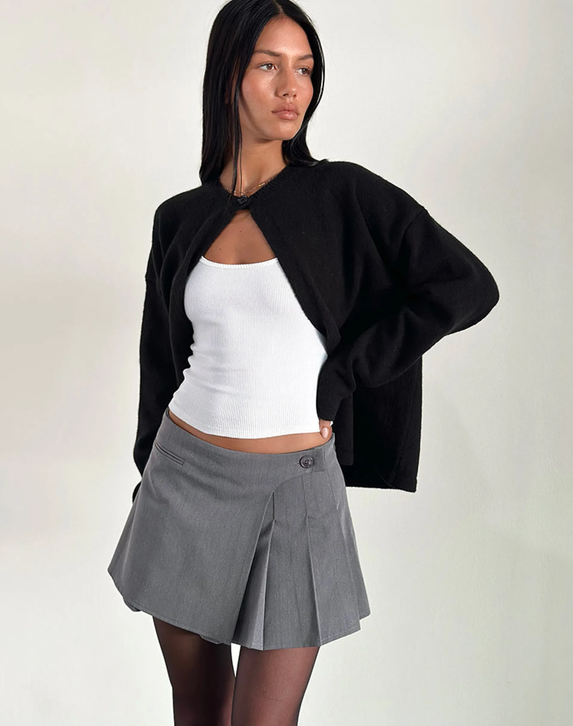 Motel Rocks Tailoring | Pleated Skirts-Carwita Panel Wrap Mini Skirt in Charcoal
