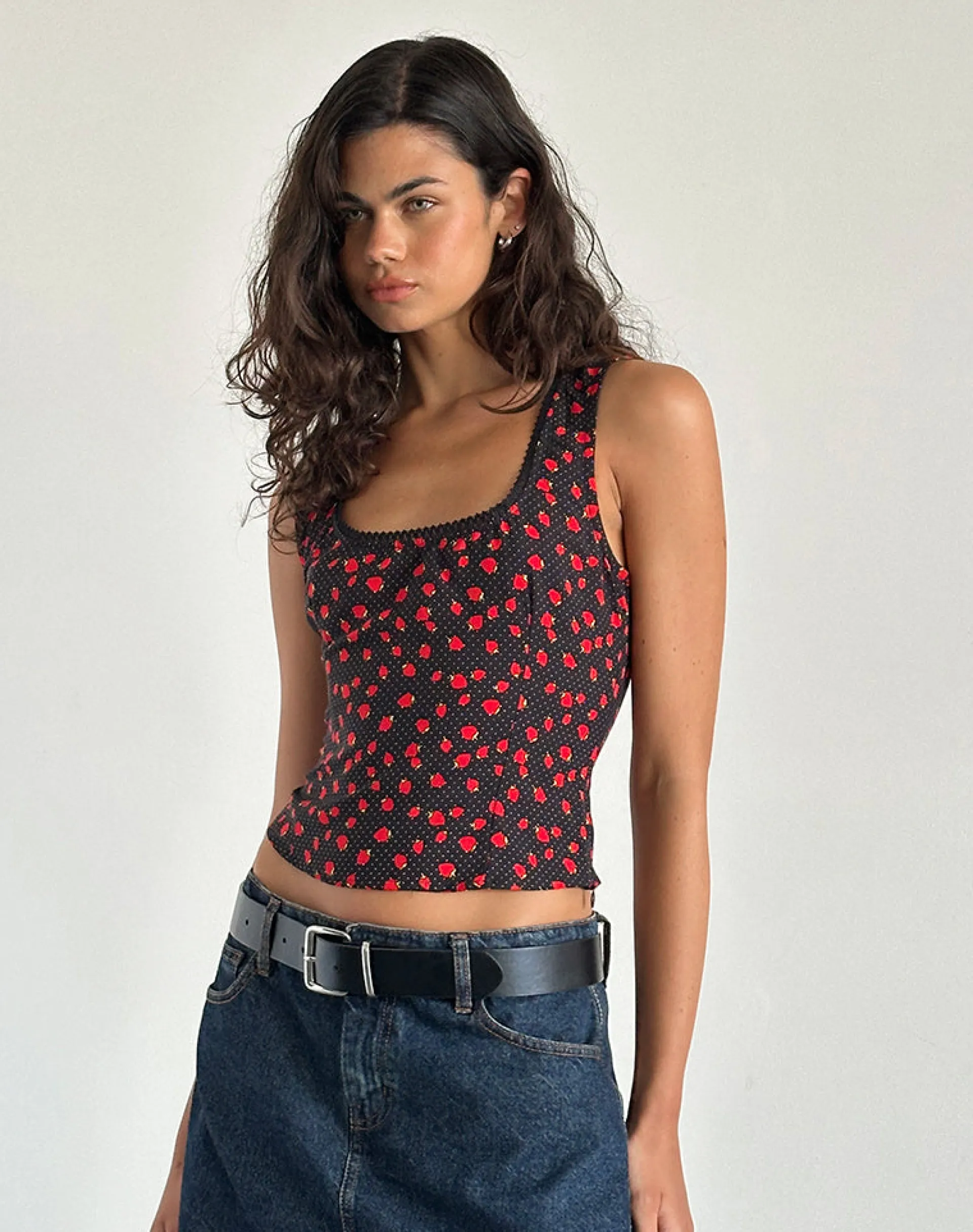 Motel Rocks Basic Tops | Vest Tops-Carys Vest Top in Strawberry Polka Black StrawberryPolkaBlack