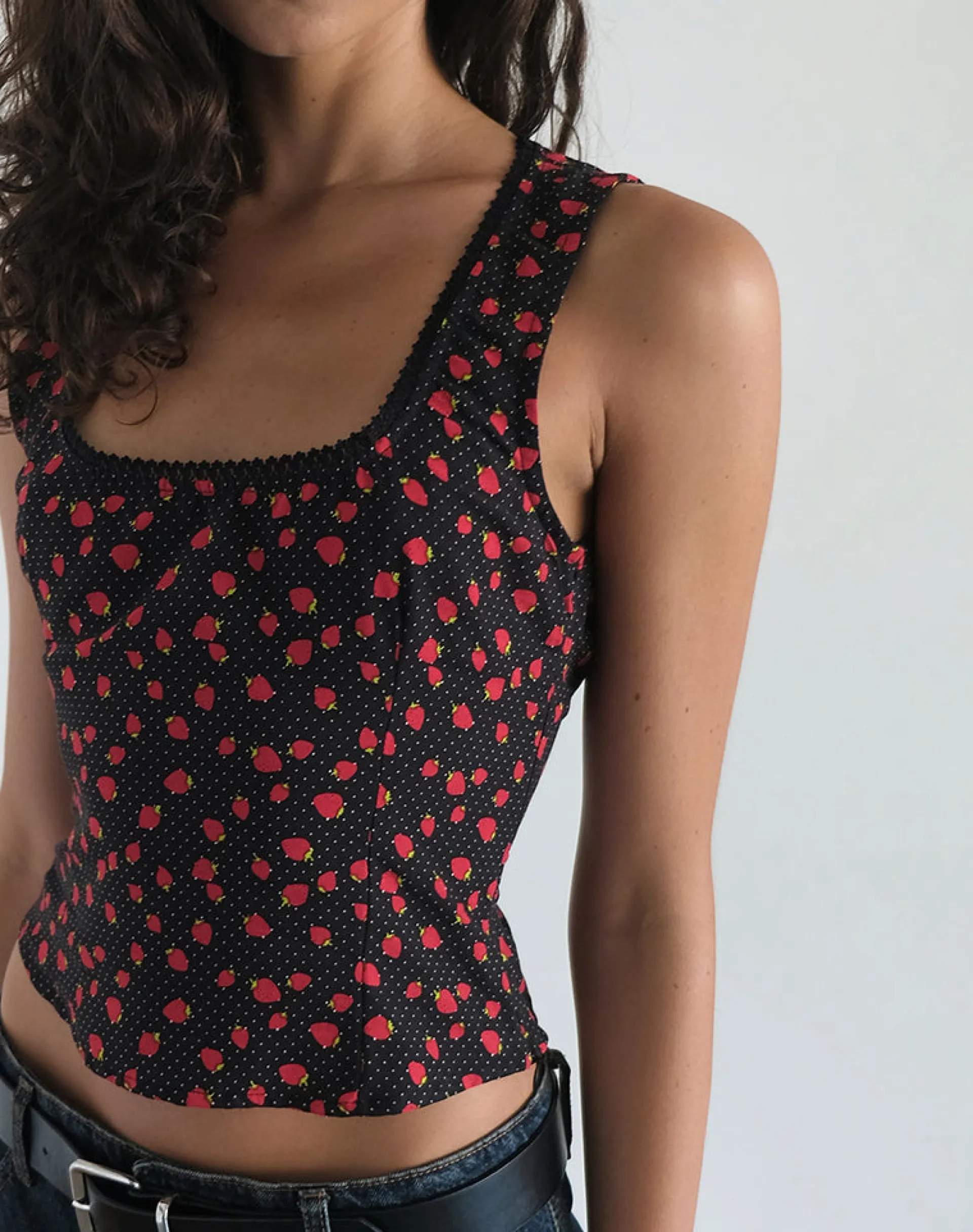 Motel Rocks Basic Tops | Vest Tops-Carys Vest Top in Strawberry Polka Black StrawberryPolkaBlack