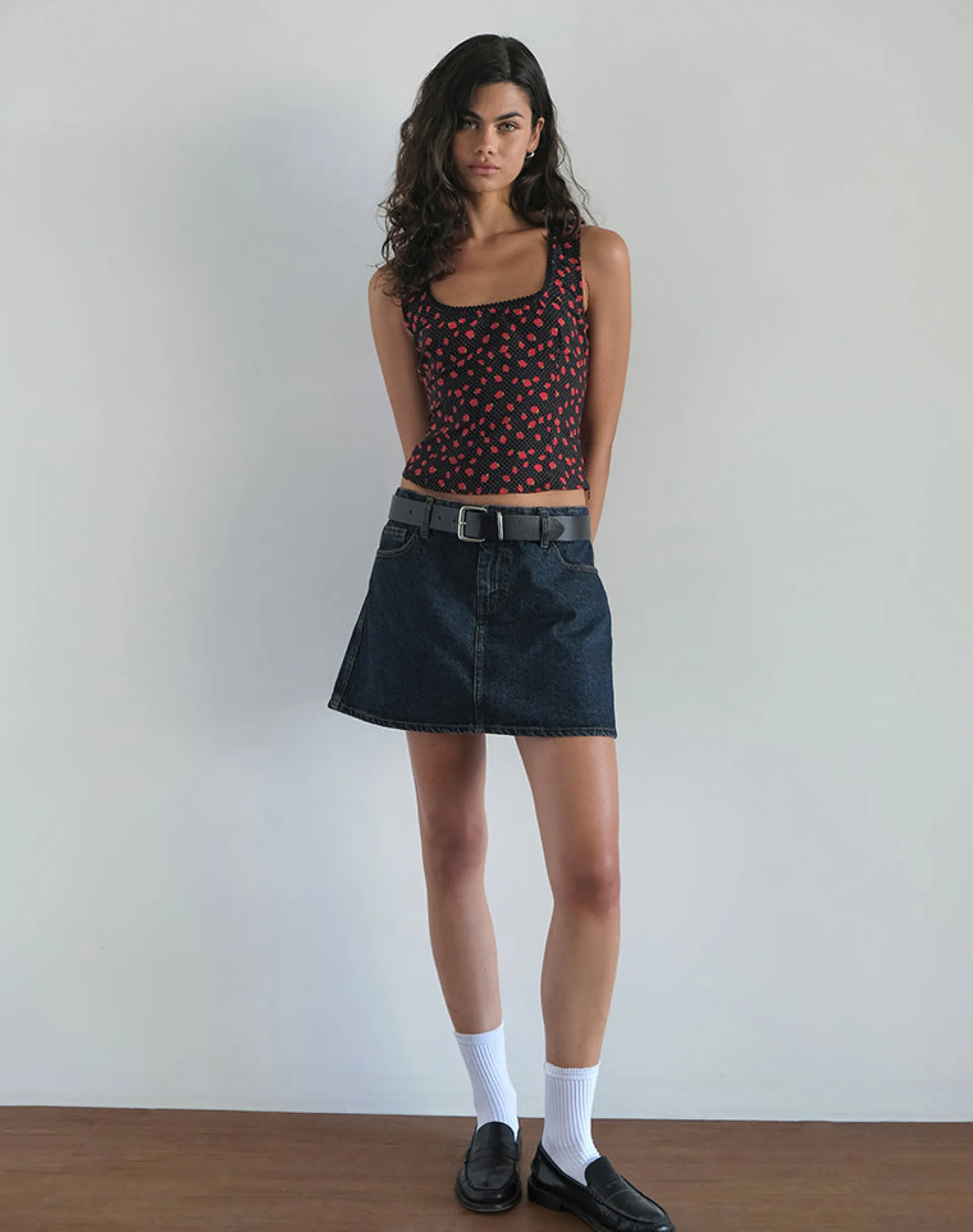 Motel Rocks Basic Tops | Vest Tops-Carys Vest Top in Strawberry Polka Black StrawberryPolkaBlack