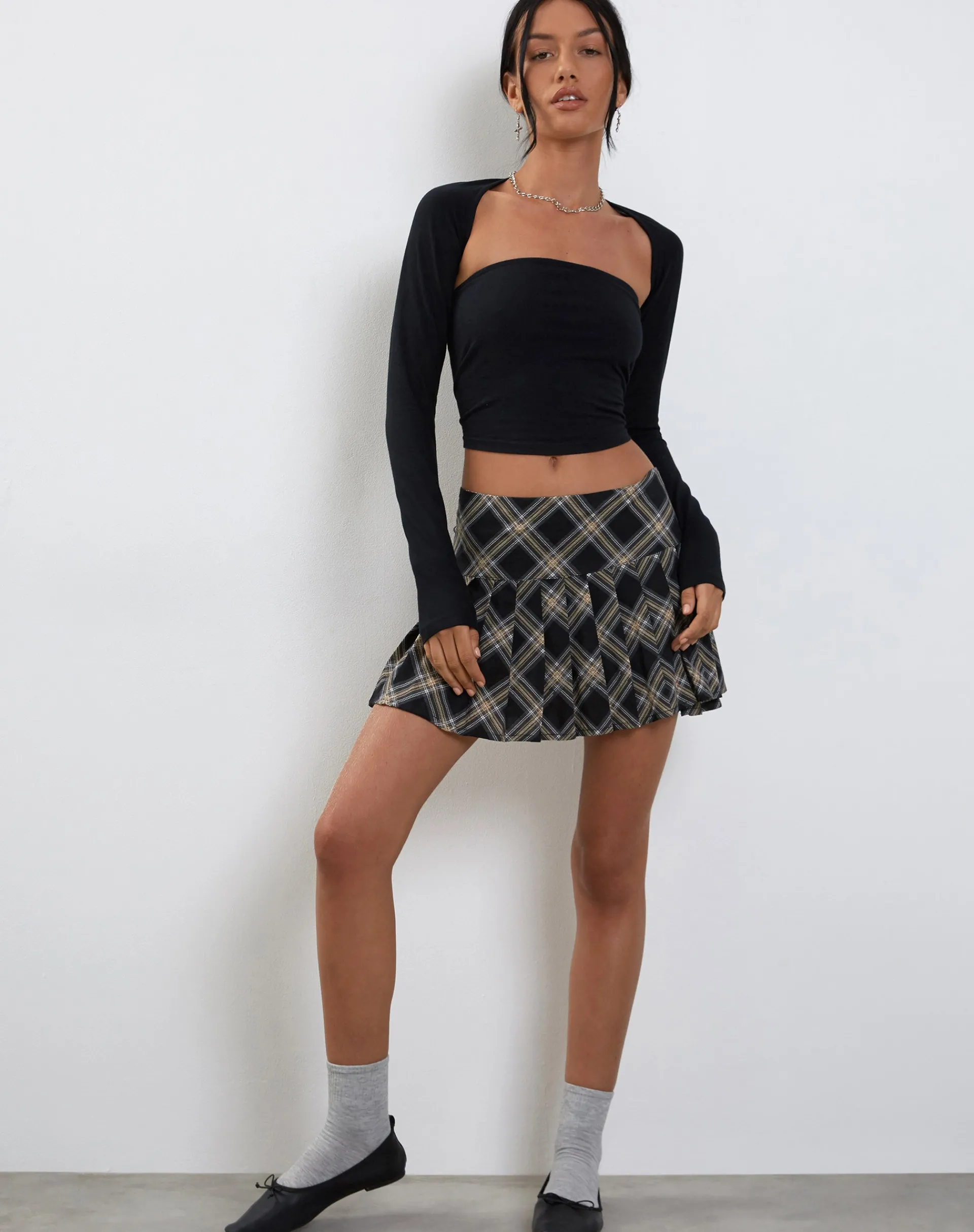 Motel Rocks Mini Skirts-Casini Pleated Micro Skirt in Black and Grey Check BlackandGreyCheck