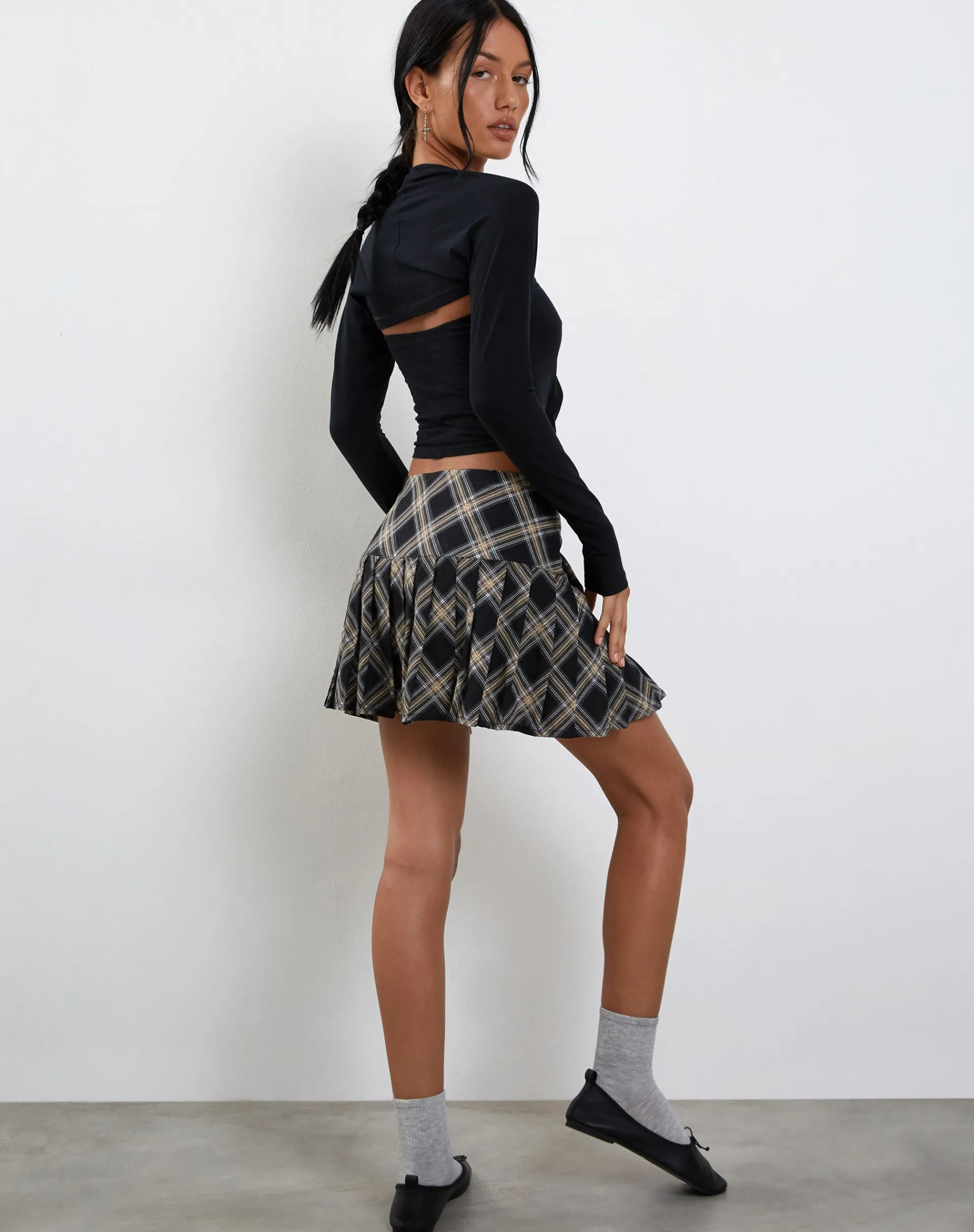 Motel Rocks Mini Skirts-Casini Pleated Micro Skirt in Black and Grey Check BlackandGreyCheck