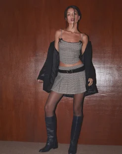 Motel Rocks Printed Skirts | Pleated Skirts-Casini Pleated Micro Skirt in Micro Check Brown MicroCheckBrown