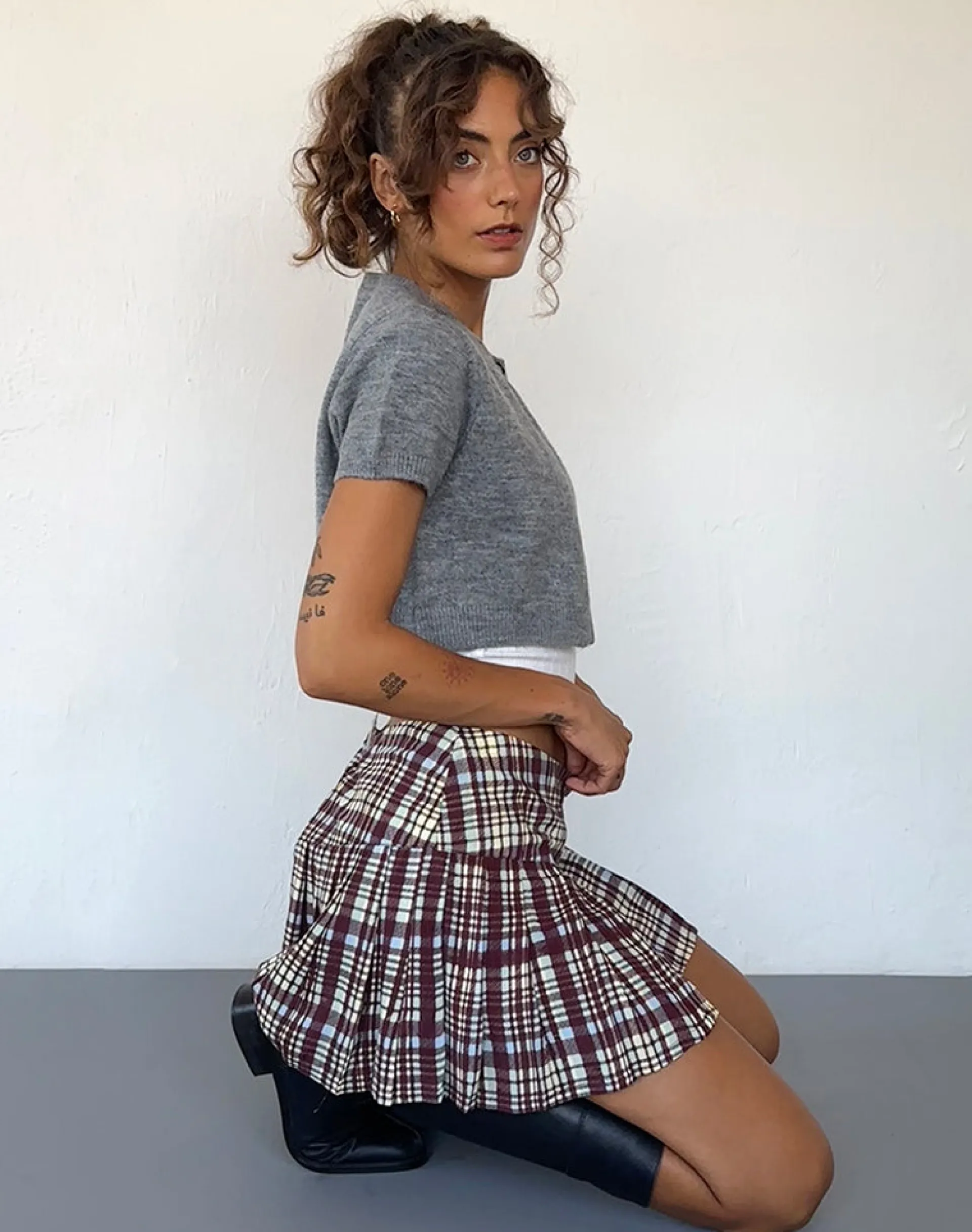 Motel Rocks Tailoring | Pleated Skirts-Casini Pleated Mini Skirt in Multi Check Brown multicheckbrown