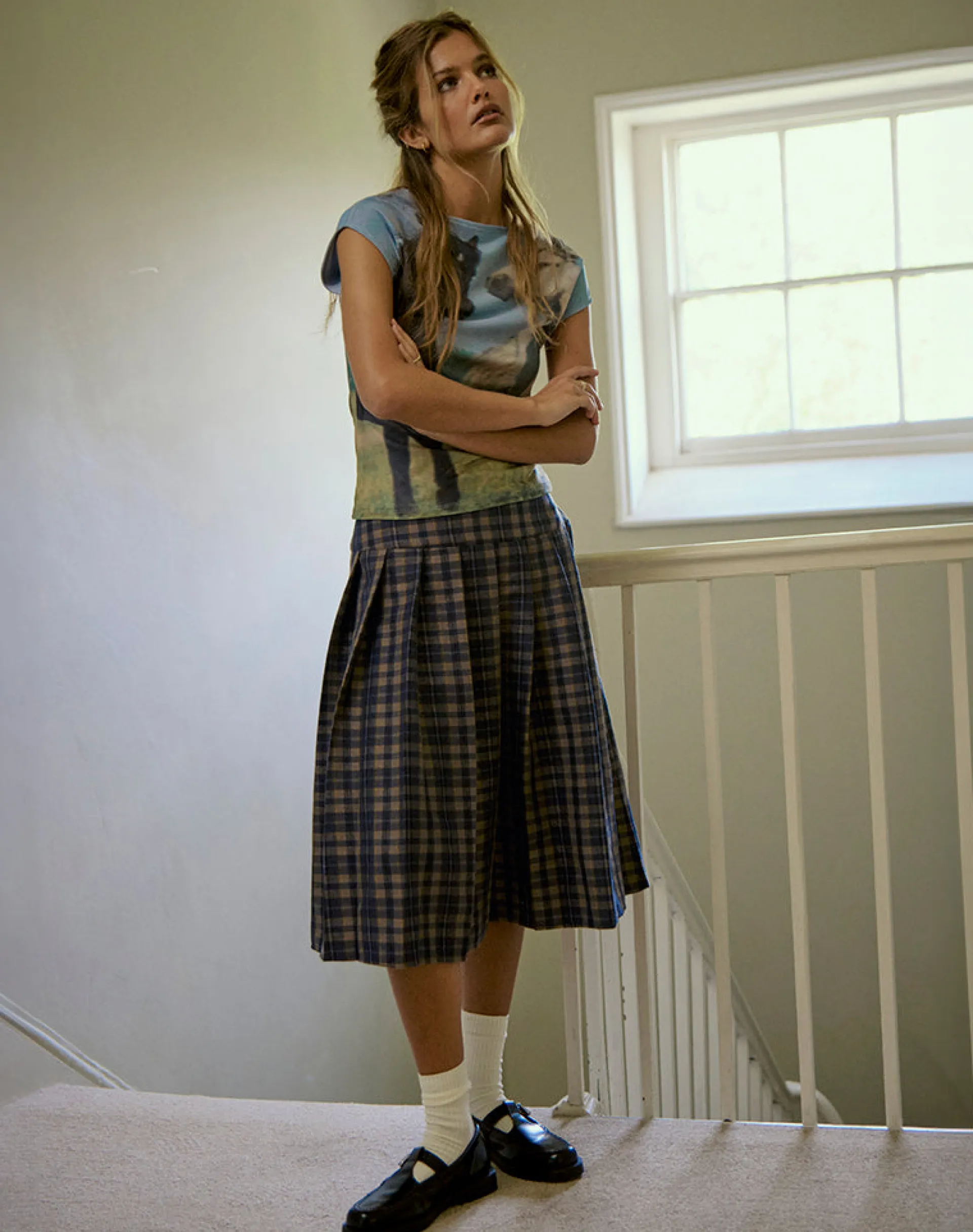 Motel Rocks Printed Skirts | Pleated Skirts-Catelyn Pleated Midi Skirt in Navy Mustard Check