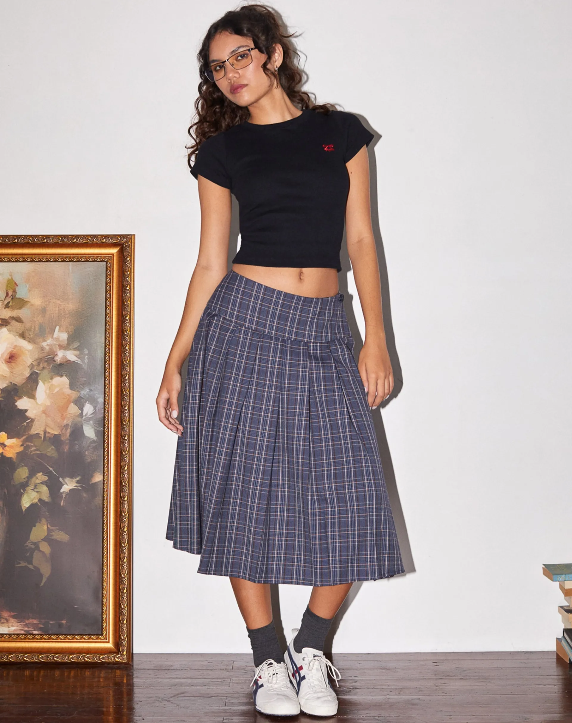 Motel Rocks Printed Skirts-Catelyn Pleated Midi Skirt in Navy Check navycheck