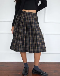 Motel Rocks Printed Skirts | Pleated Skirts-Catelyn Pleated Midi Skirt in Navy Mustard Check