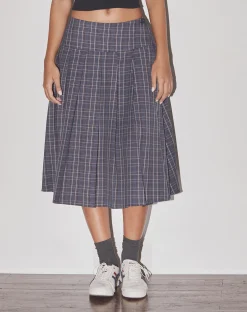 Motel Rocks Printed Skirts-Catelyn Pleated Midi Skirt in Navy Check navycheck