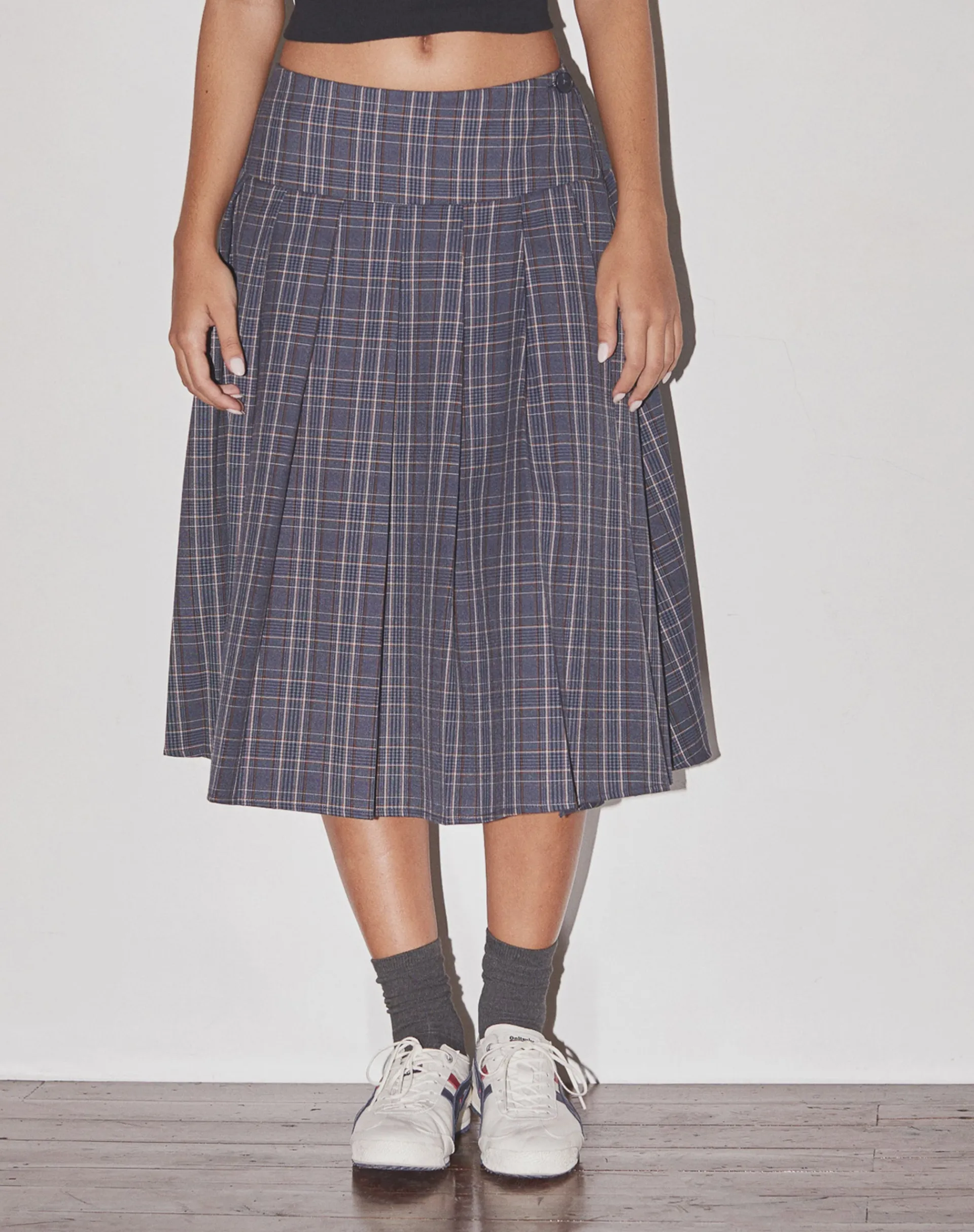 Motel Rocks Printed Skirts-Catelyn Pleated Midi Skirt in Navy Check navycheck