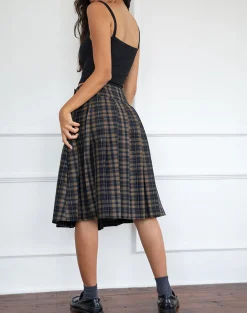 Motel Rocks Printed Skirts | Pleated Skirts-Catelyn Pleated Midi Skirt in Navy Mustard Check