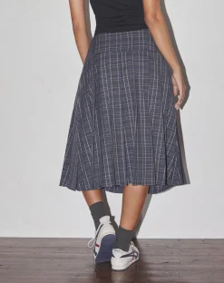 Motel Rocks Printed Skirts-Catelyn Pleated Midi Skirt in Navy Check navycheck