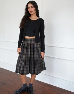 Motel Rocks Printed Skirts | Pleated Skirts-Catelyn Pleated Midi Skirt in Navy Mustard Check