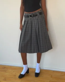 Motel Rocks Printed Skirts | A Line Skirts-Catelyn Wrap Pleated Midi Skirt in Grey Check greycheck