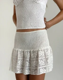 Motel Rocks Mini Skirts-Cathyna Crochet Shirred Mini Skirt in Poplin White