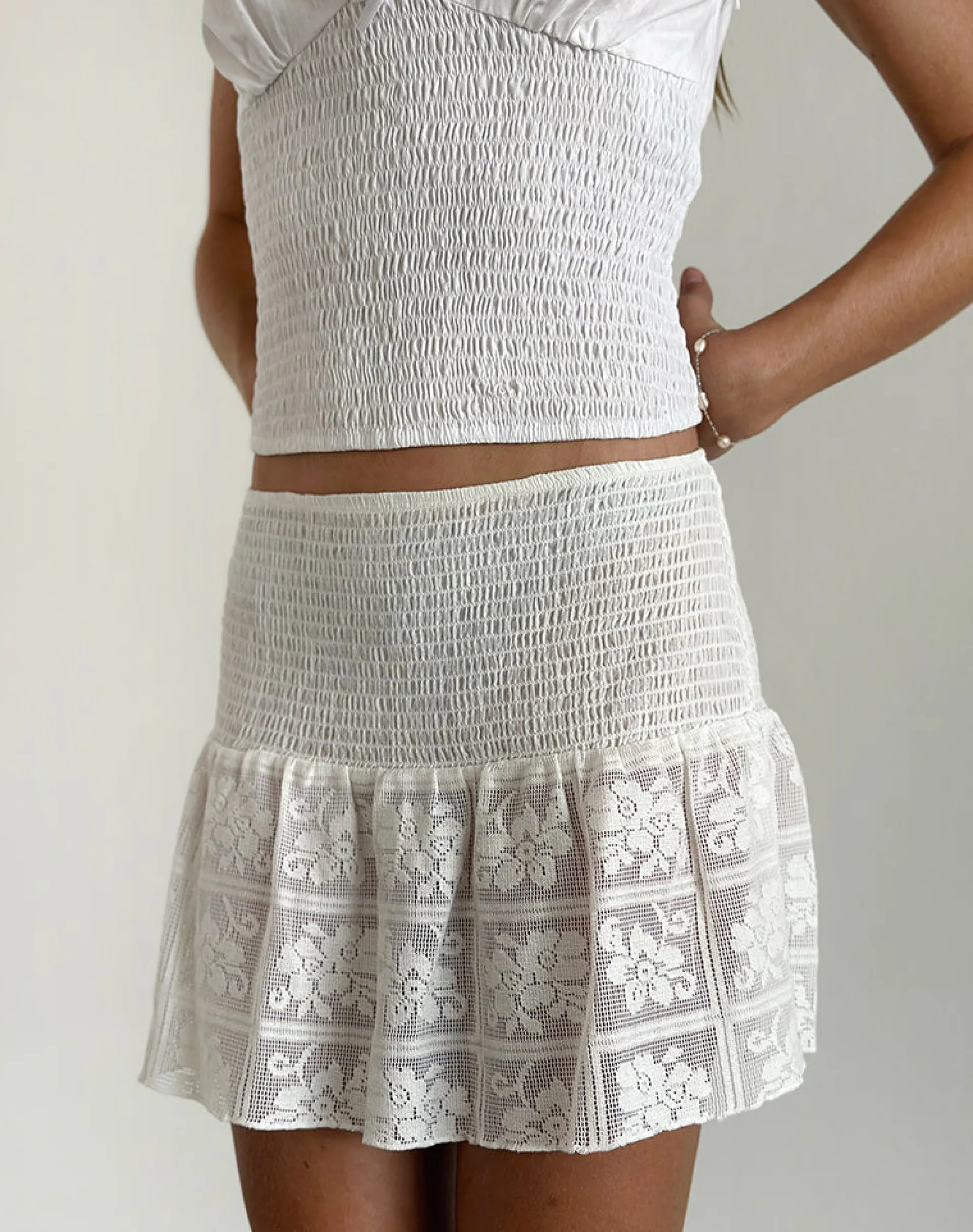 Motel Rocks Mini Skirts-Cathyna Crochet Shirred Mini Skirt in Poplin White