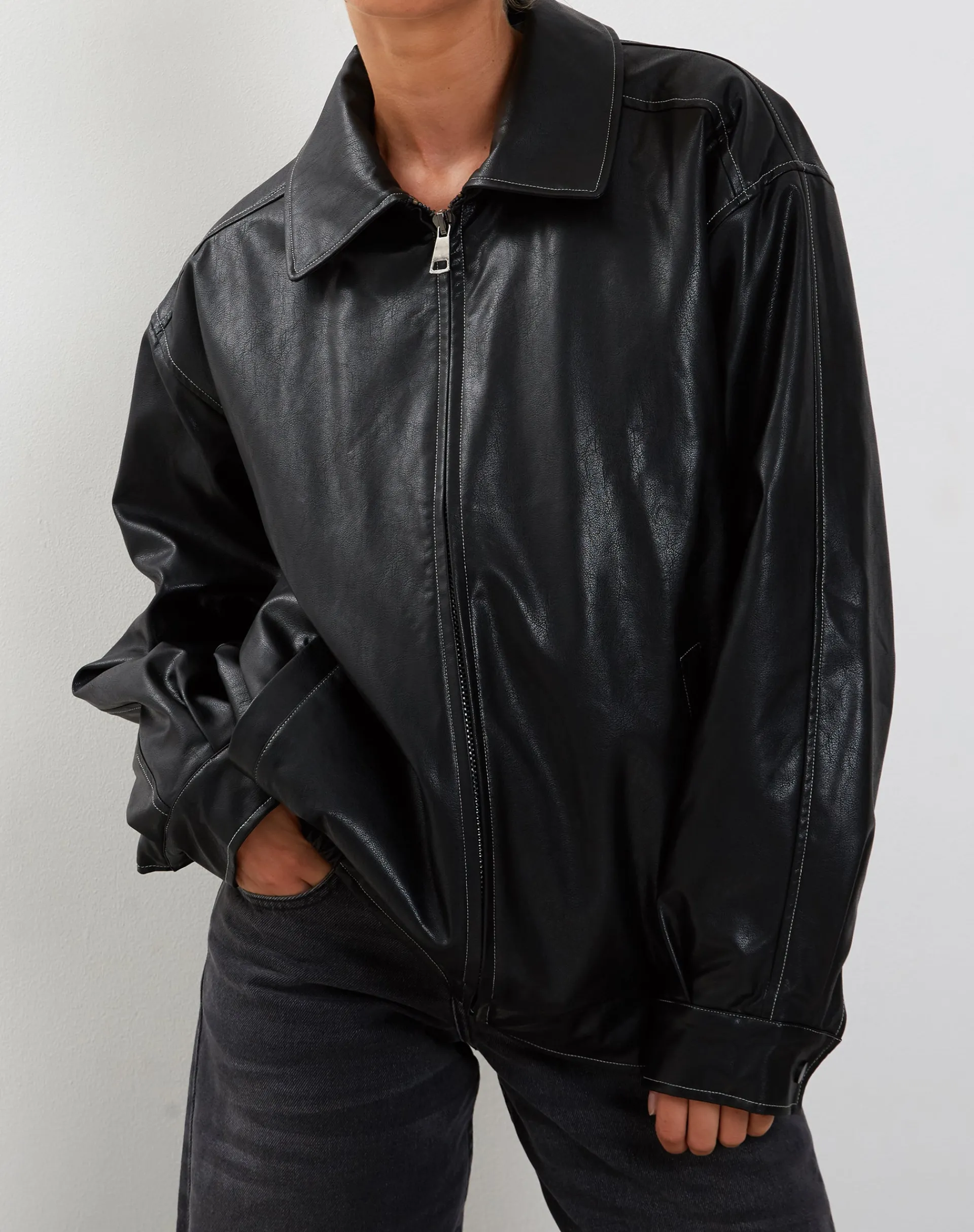 Motel Rocks Pu Jackets | Jackets-Cavita Jacket in Black with Grey Top Stitch BlackwithGreyTopStitch