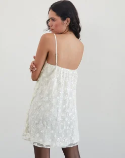 Motel Rocks Party Dresses | Mini Dresses-Celia Mini Slip Dress in Sequin Lace Ivory