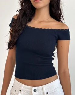 Motel Rocks Basic Tops-Chacha Bardot Top in Rib Lace Navy RibLaceNavy
