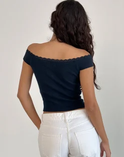 Motel Rocks Basic Tops-Chacha Bardot Top in Rib Lace Navy RibLaceNavy
