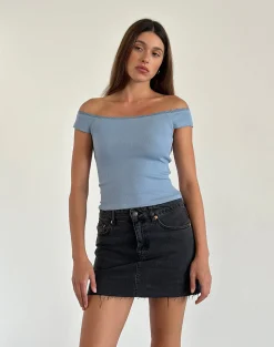 Motel Rocks Basic Tops-Chacha Ribbed Bardot Top in Nantucket Blue Lace NantucketBlueLace