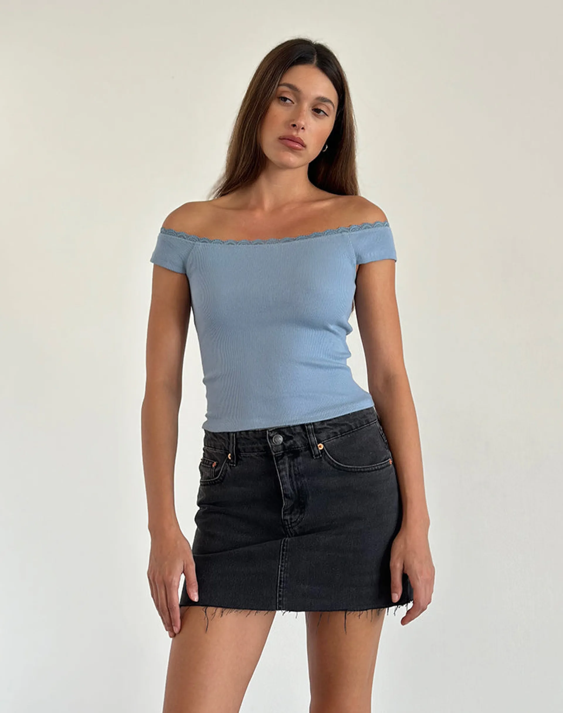 Motel Rocks Basic Tops-Chacha Ribbed Bardot Top in Nantucket Blue Lace NantucketBlueLace