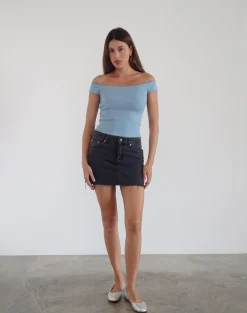 Motel Rocks Basic Tops-Chacha Ribbed Bardot Top in Nantucket Blue Lace NantucketBlueLace