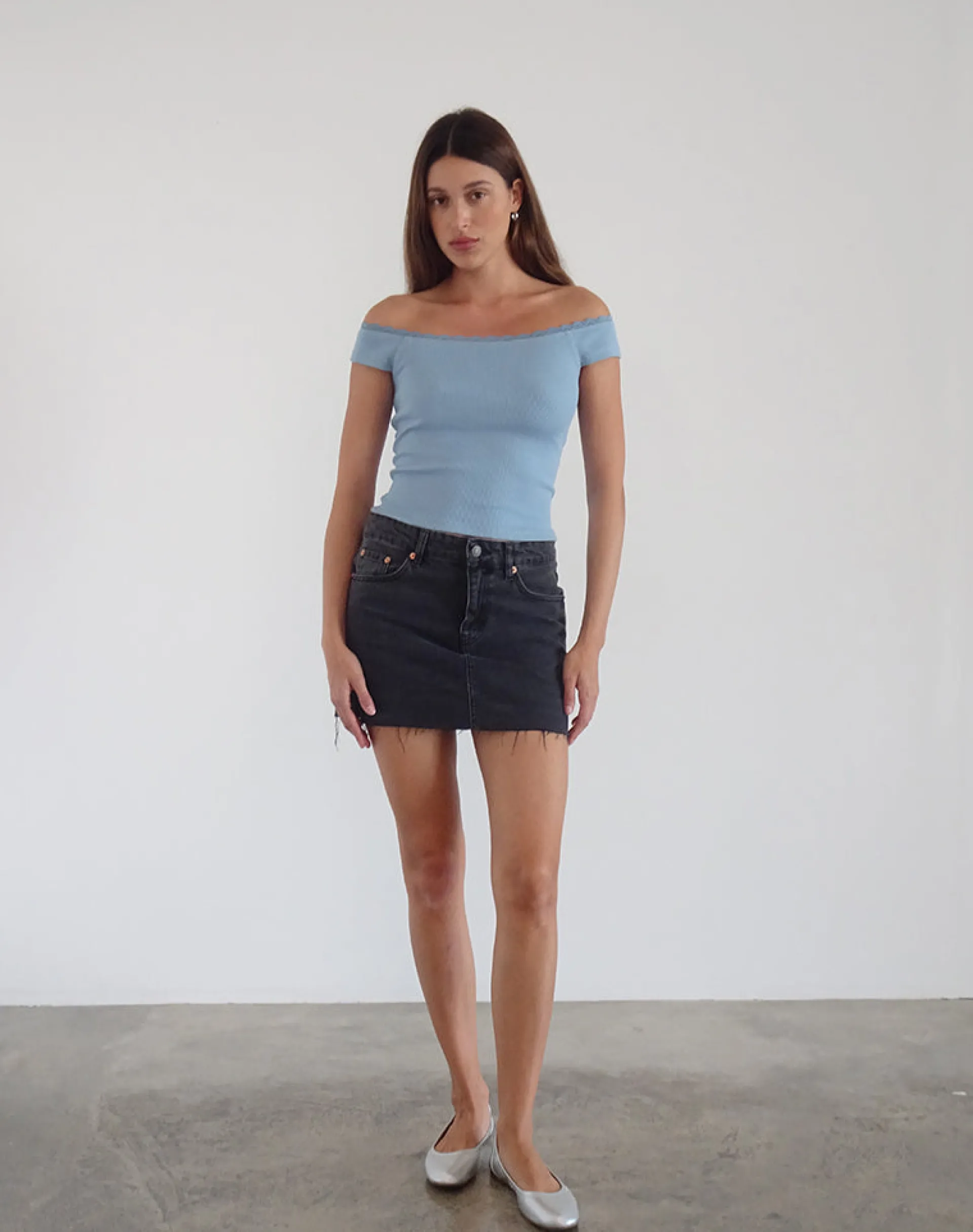 Motel Rocks Basic Tops-Chacha Ribbed Bardot Top in Nantucket Blue Lace NantucketBlueLace