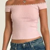Motel Rocks Basic Tops-Chacha Top in Rib Lace Pink Lady RibLacePinkLady