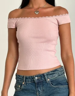 Motel Rocks Basic Tops-Chacha Top in Rib Lace Pink Lady RibLacePinkLady