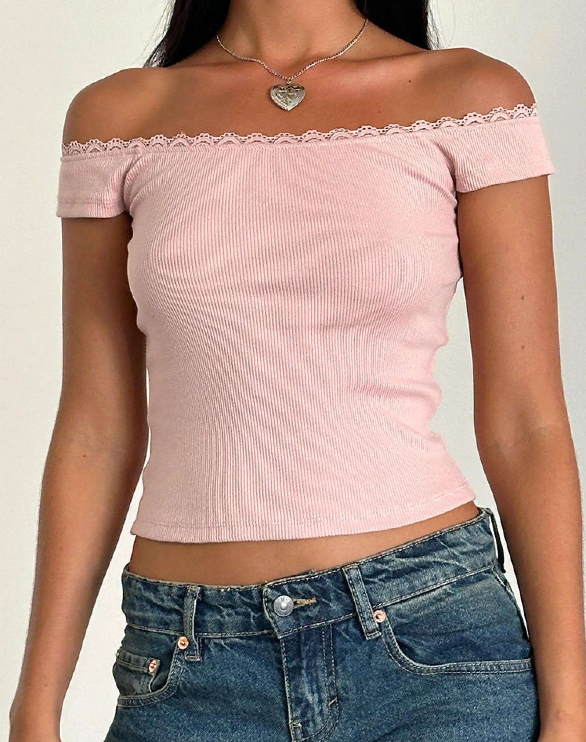Motel Rocks Basic Tops-Chacha Top in Rib Lace Pink Lady RibLacePinkLady