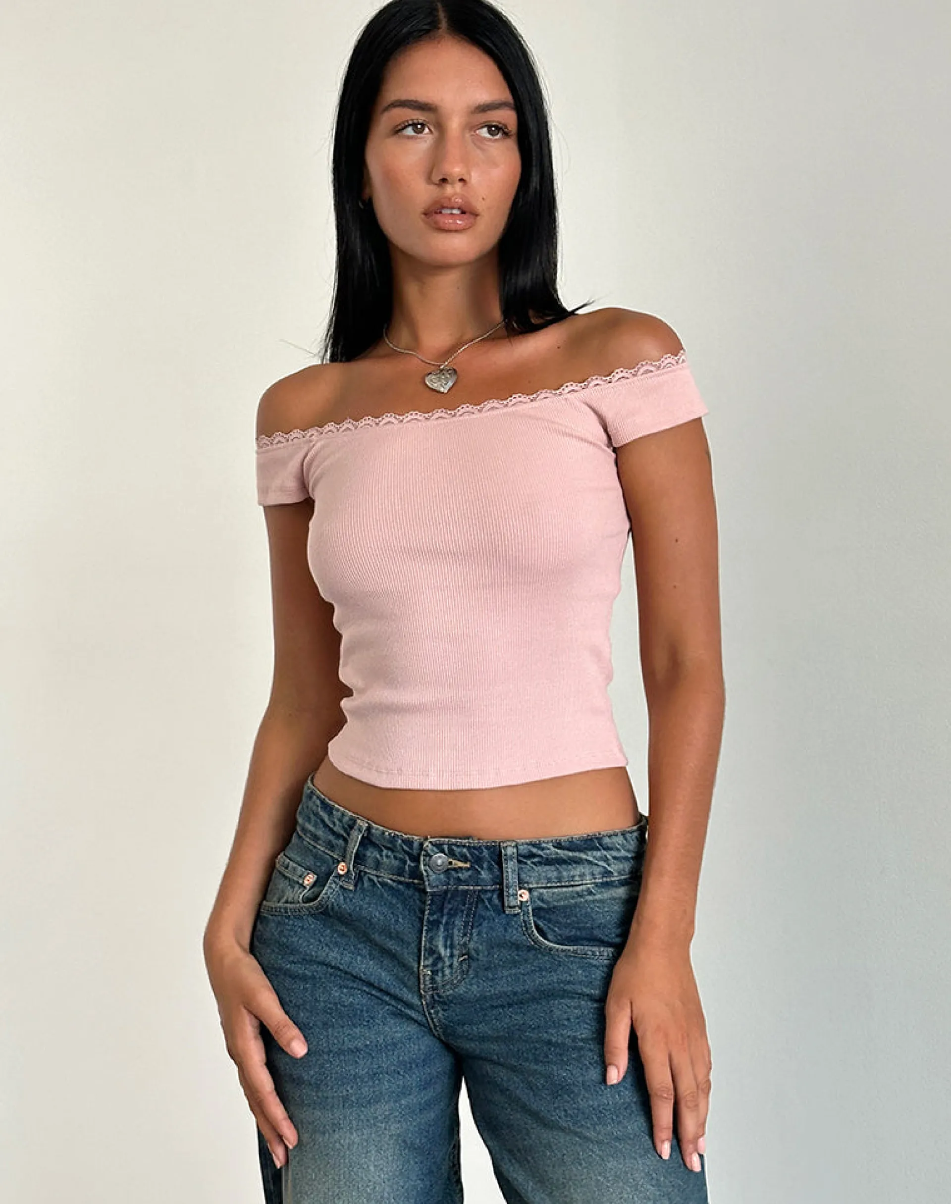 Motel Rocks Basic Tops-Chacha Top in Rib Lace Pink Lady RibLacePinkLady