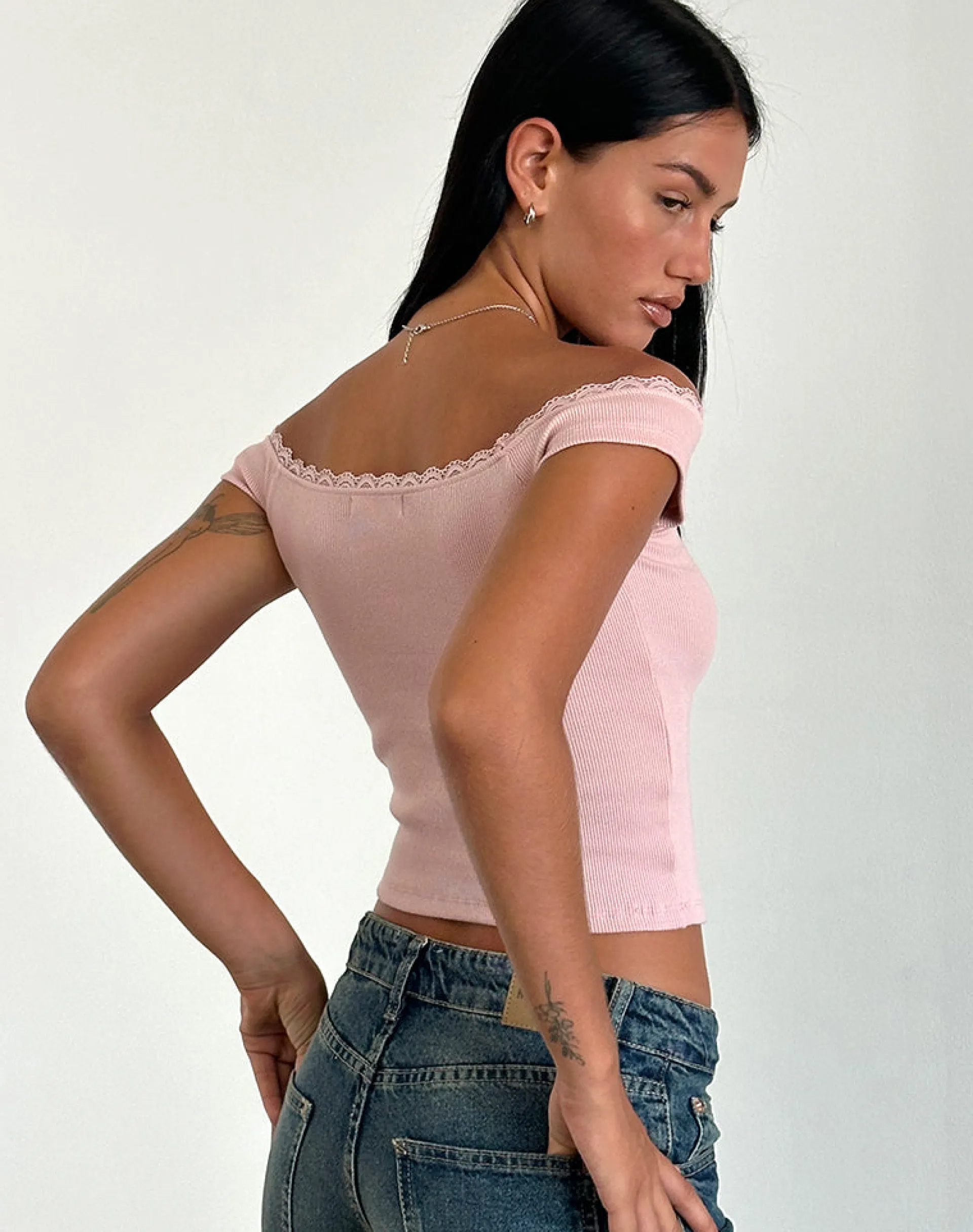 Motel Rocks Basic Tops-Chacha Top in Rib Lace Pink Lady RibLacePinkLady