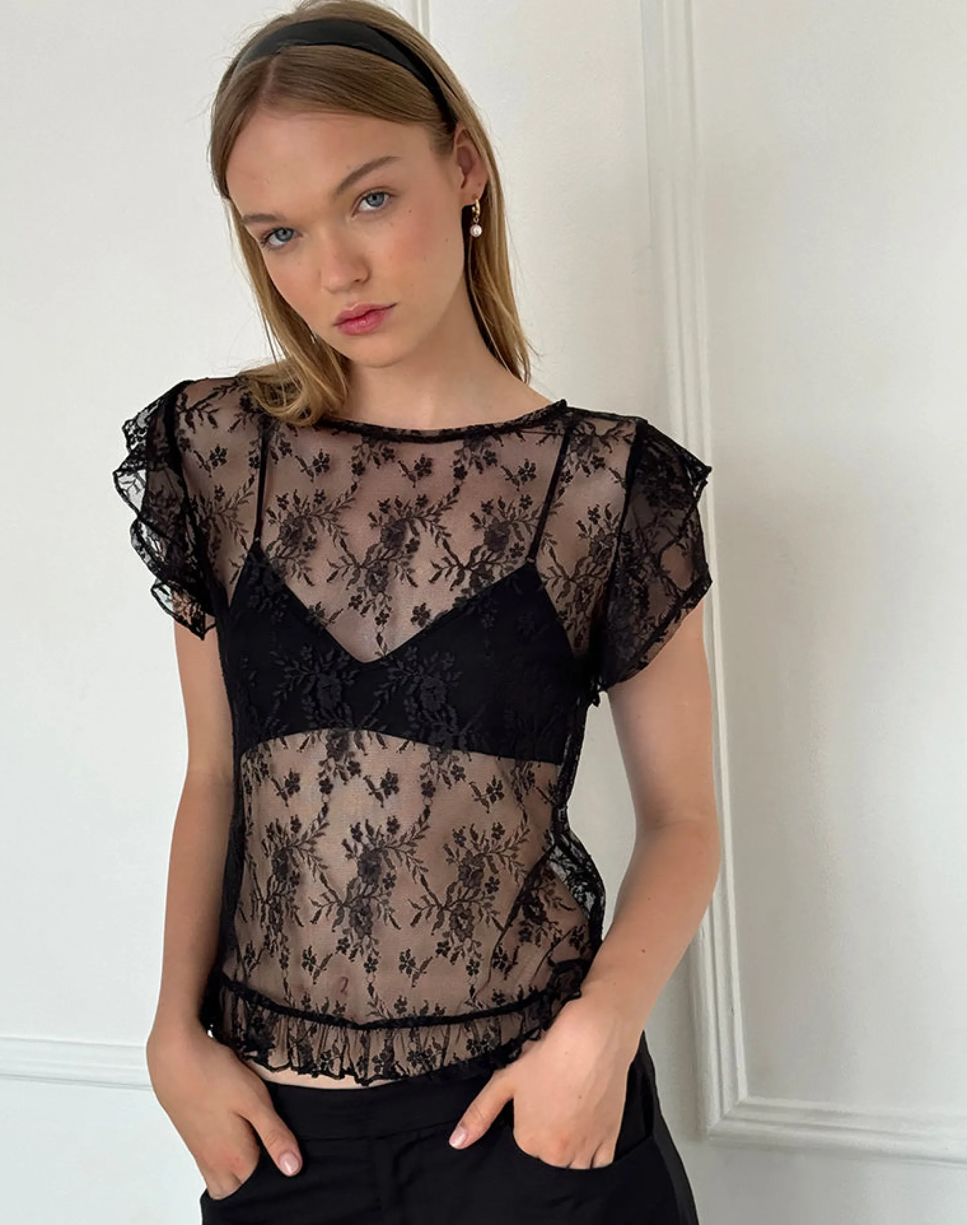 Motel Rocks Lace Tops | Going Out Tops-Champel Top in Wild Rose Lace Black