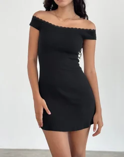 Motel Rocks Day Dresses | Bodycon Dresses-Chana Off Shoulder Mini Dress in Black Rib with Lace Trim