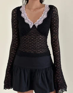 Motel Rocks Long Sleeve Tops-Chantal Lace Top in Black with Pink Trim BlackwithPinkTrim