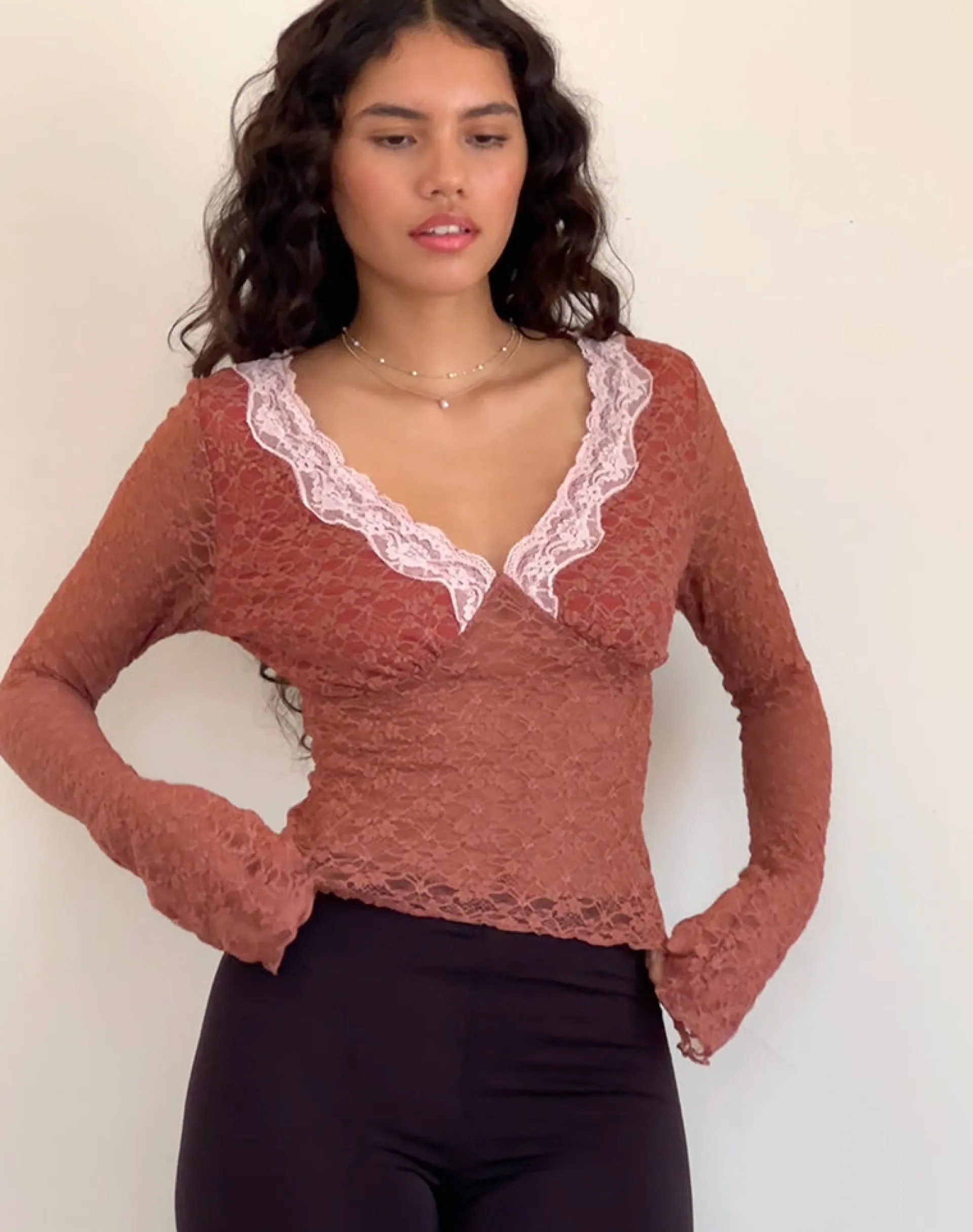 Motel Rocks Lace Tops | Long Sleeve Tops-Chantal Long Sleeve Lace Top in Withered Rose witheredrose