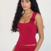 Motel Rocks Co-Ords | Vest Tops-Charley Rosette Top in Lycra Slinky Red