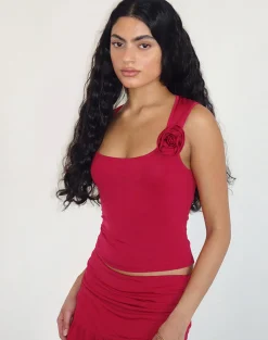 Motel Rocks Co-Ords | Vest Tops-Charley Rosette Top in Lycra Slinky Red