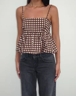Motel Rocks Printed Tops | Strappy Tops-Charlita Frill Cami Top in Tonal Gingham Brown