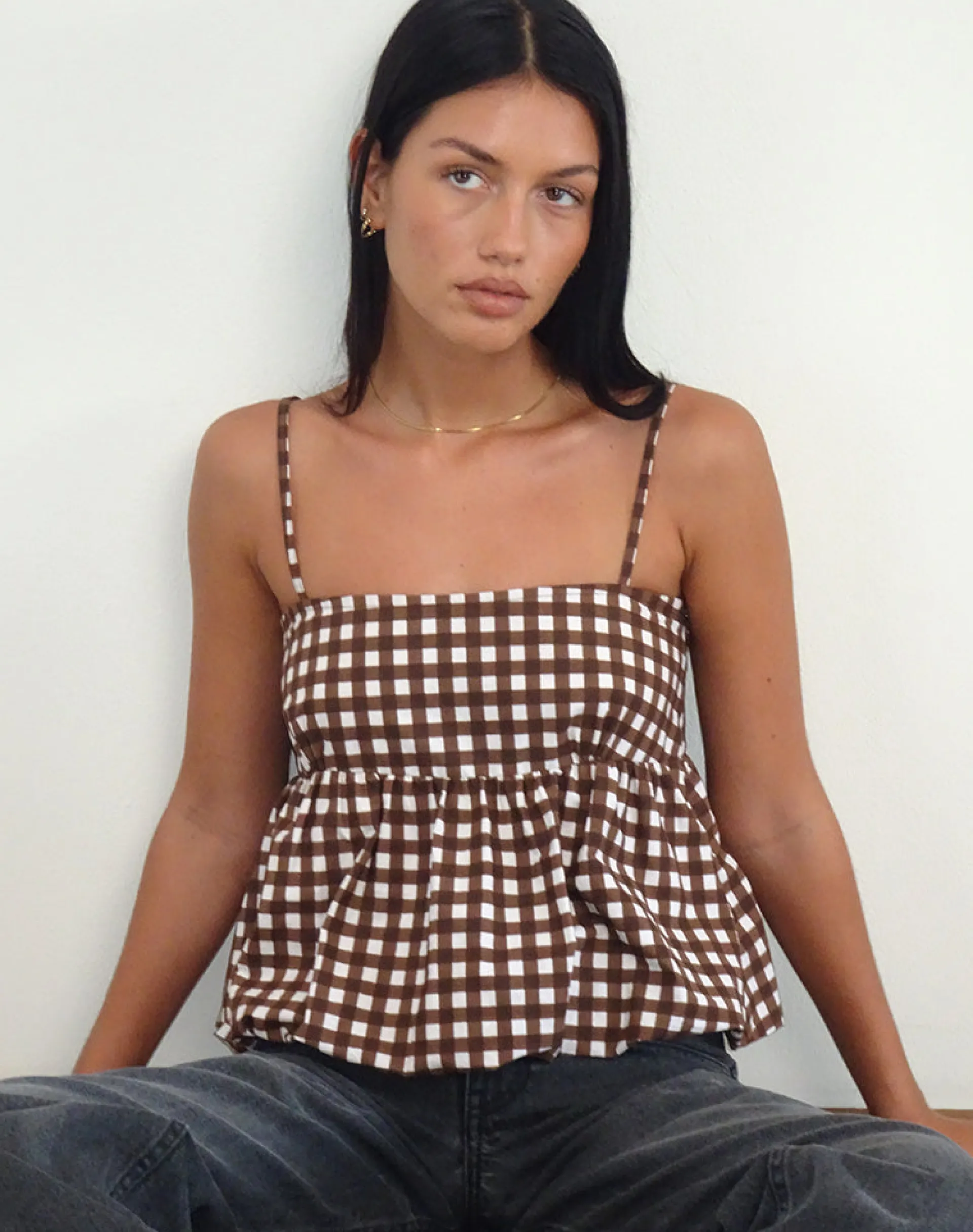 Motel Rocks Printed Tops | Strappy Tops-Charlita Frill Cami Top in Tonal Gingham Brown