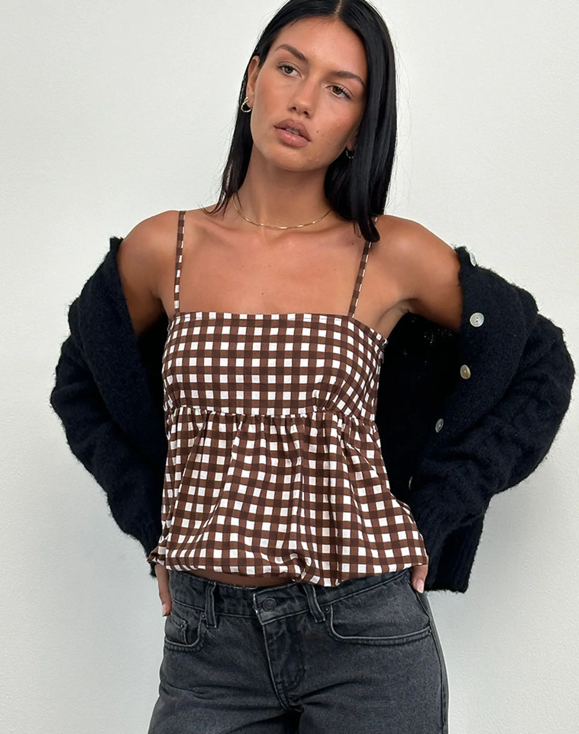 Motel Rocks Printed Tops | Strappy Tops-Charlita Frill Cami Top in Tonal Gingham Brown