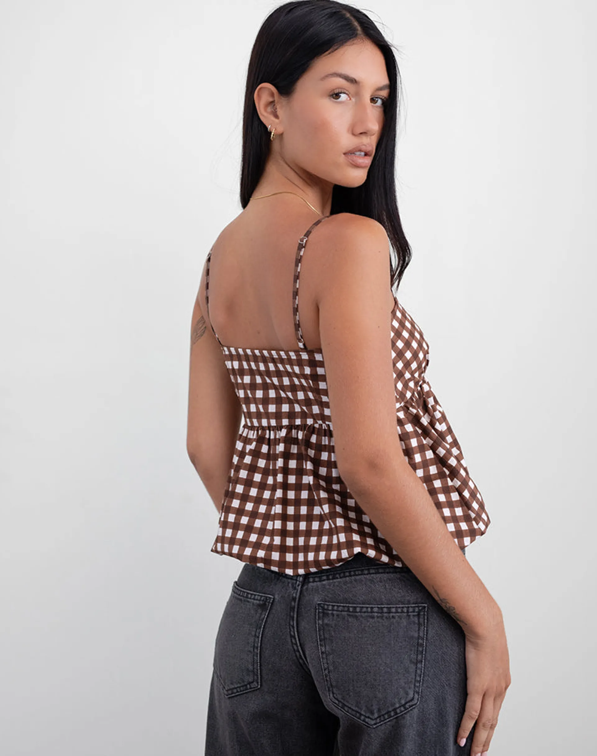 Motel Rocks Printed Tops | Strappy Tops-Charlita Frill Cami Top in Tonal Gingham Brown