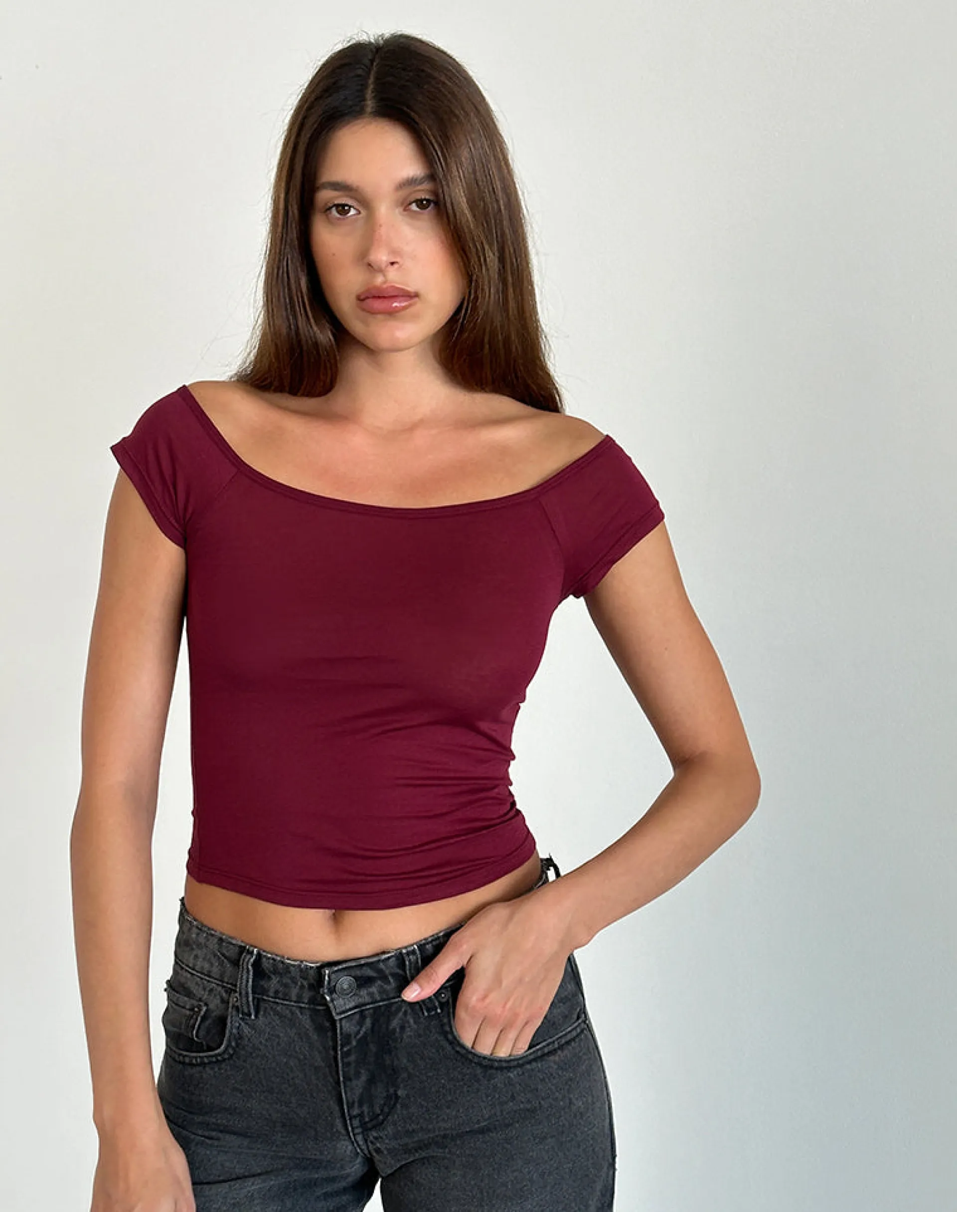 Motel Rocks Basic Tops-Charya Off Shoulder Top in burgundy
