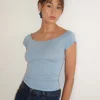 Motel Rocks Basics | Basic Tops-Charya Off Shoulder Top in Nantucket Blue nantucketblue