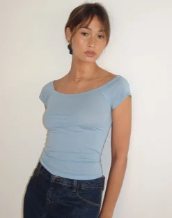 Motel Rocks Basics | Basic Tops-Charya Off Shoulder Top in Nantucket Blue nantucketblue
