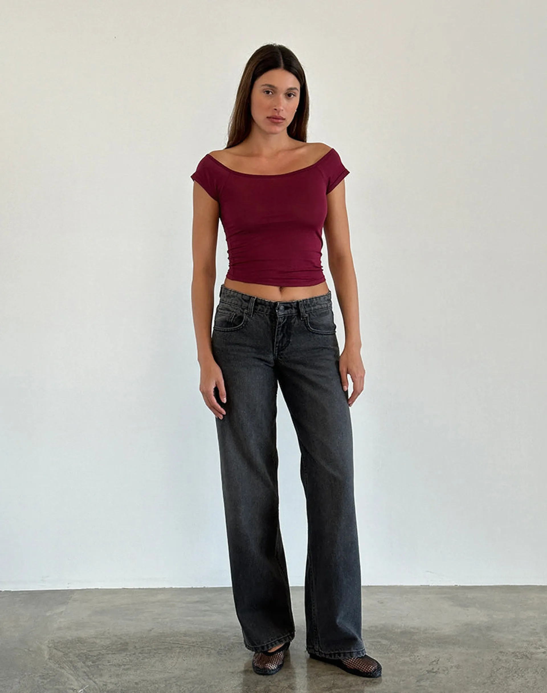 Motel Rocks Basic Tops-Charya Off Shoulder Top in burgundy