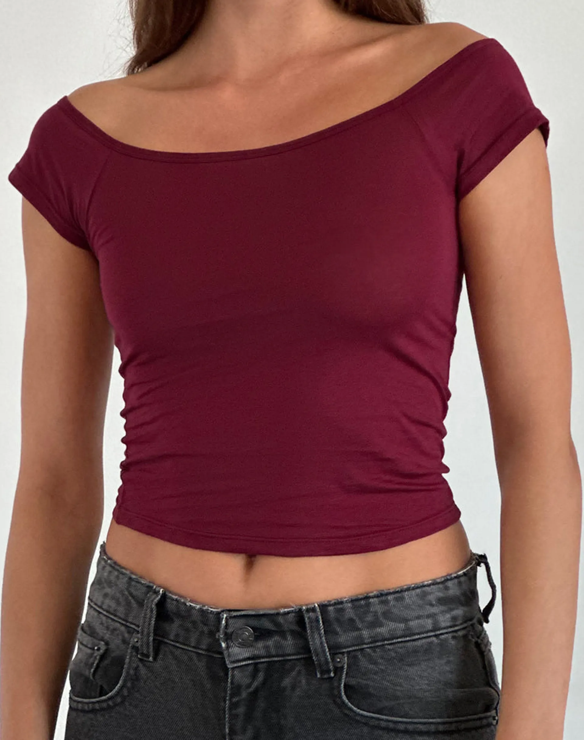 Motel Rocks Basic Tops-Charya Off Shoulder Top in burgundy