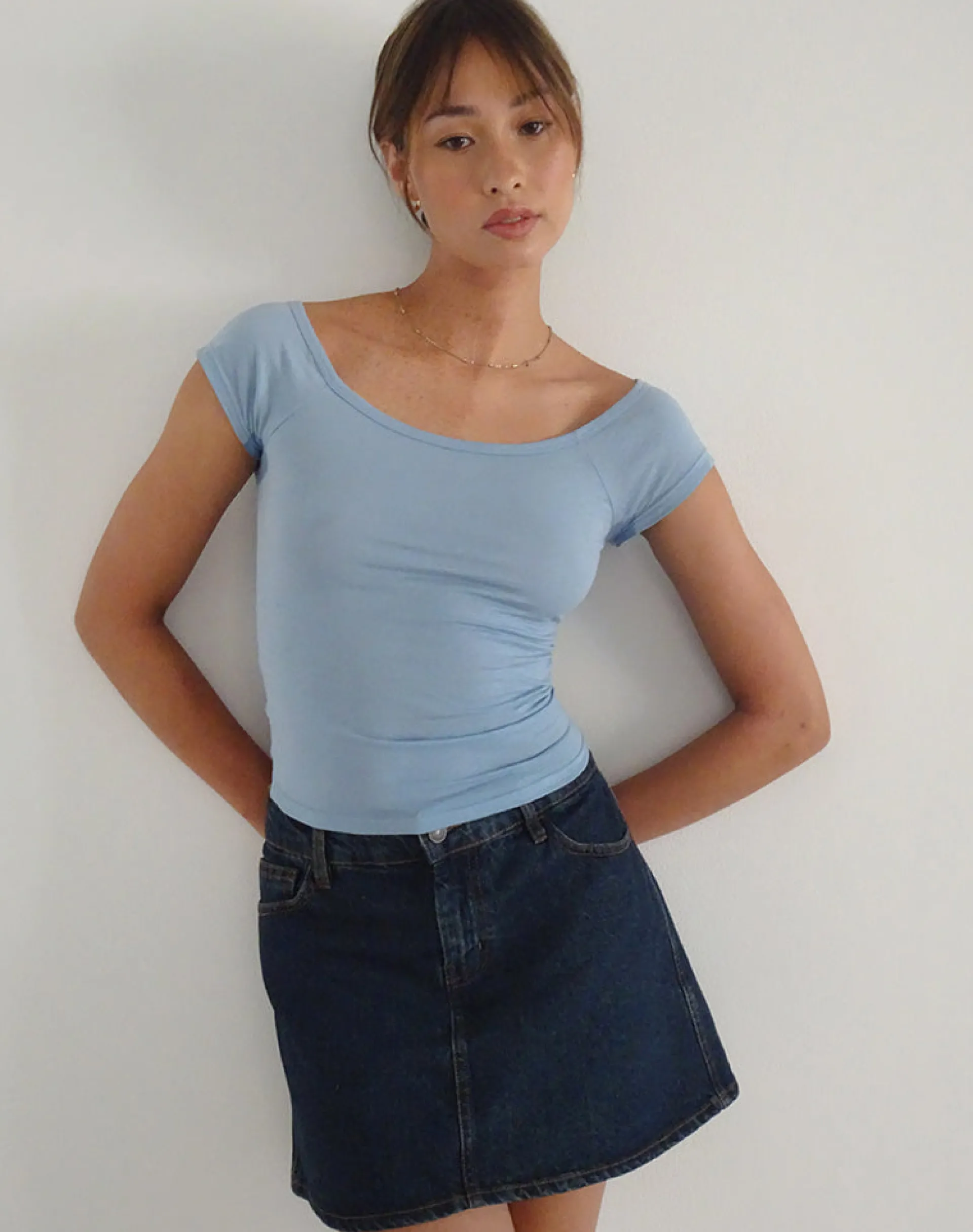 Motel Rocks Basics | Basic Tops-Charya Off Shoulder Top in Nantucket Blue nantucketblue