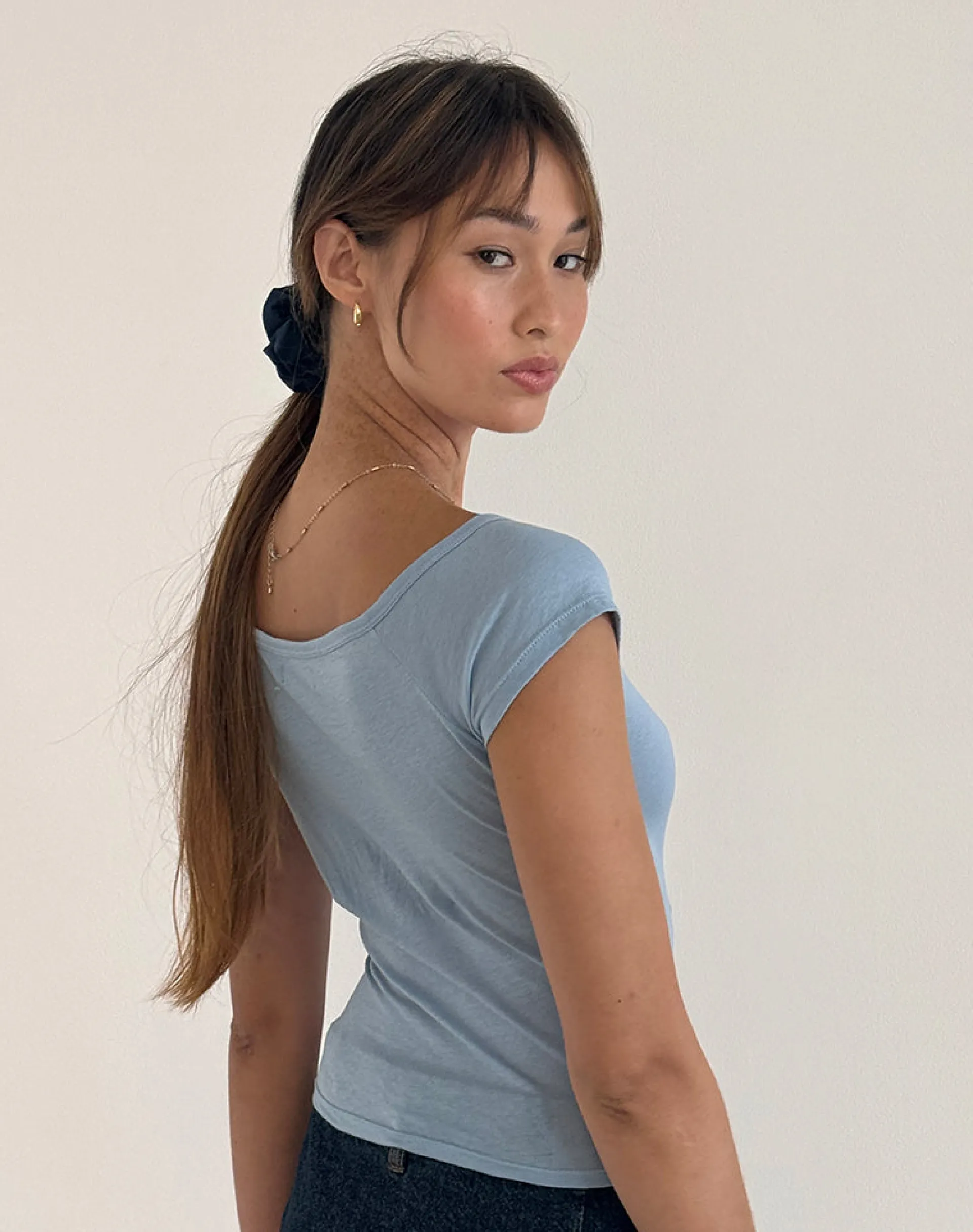 Motel Rocks Basics | Basic Tops-Charya Off Shoulder Top in Nantucket Blue nantucketblue