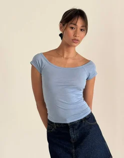 Motel Rocks Basics | Basic Tops-Charya Off Shoulder Top in Nantucket Blue nantucketblue